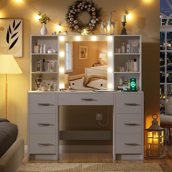 Vanity Desk with Mirror and Lights, Power Outlet, Makeup Vanity with 7 Drawers and 6 Shelves, Dressing Vanity Table Vanity Set for Bedroom, White