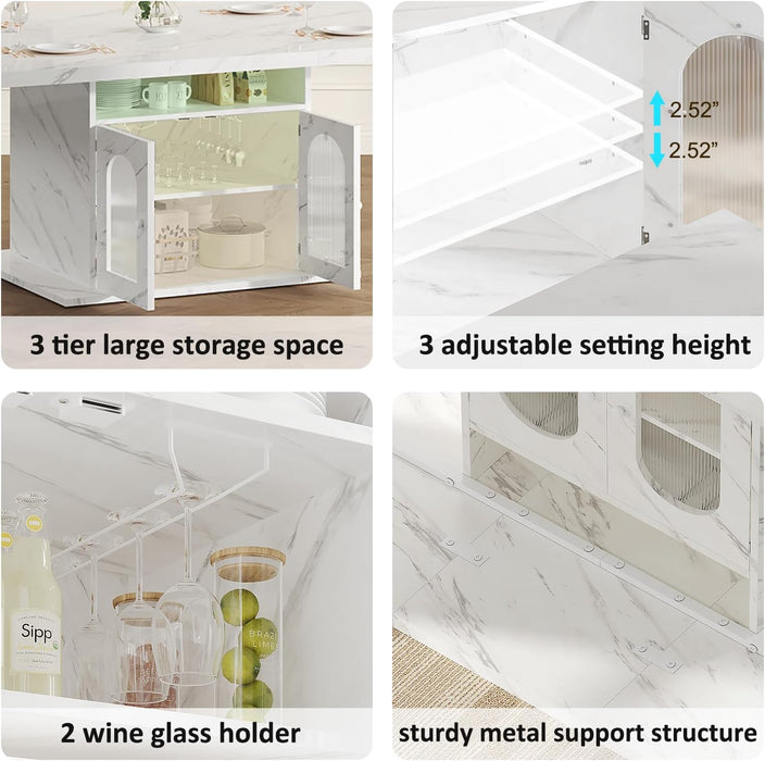 63" Modern White Faux Marble Dining Table for 6 with Storage Cabinet | Rectangular Kitchen Dinner Table with 3-Tier Shelves and an Acrylic Door, Seats 4-6,Table Only for Dining Room and Apartment