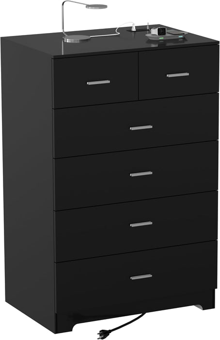 Black Contemporary Six Drawer Dresser With Outlets