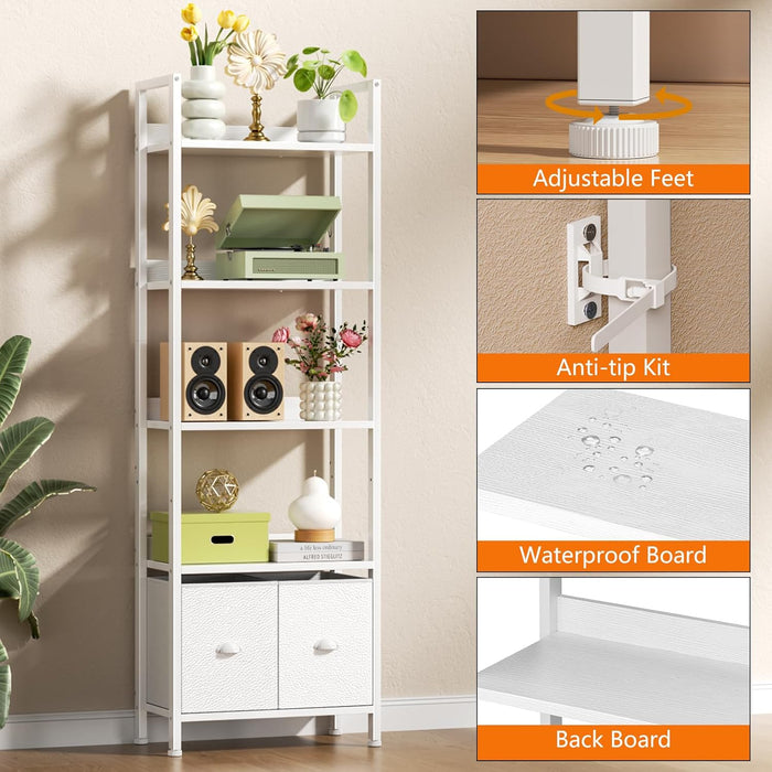 White 5 Tier Bookshelf Featuring Adjustable Drawers