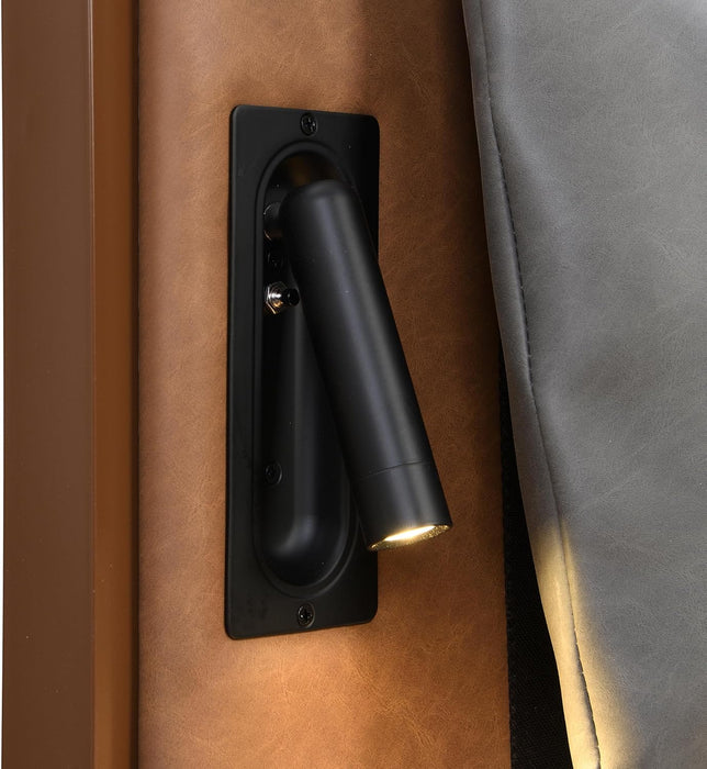 Upholstered Headboard Brown Bed Frame with Gray Leather Headboard Solid Wood Bed Frame with Integrated Night Lights, Wooden Slats, No Box Spring Needed Platform Bed, Queen