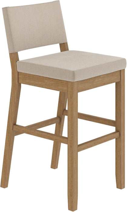 Linus Modern Upholstered Bar Stool with Back and Solid Rubberwood Legs in a Wire-Brushed Light Brown Finish, Natural Flax/Light Brown