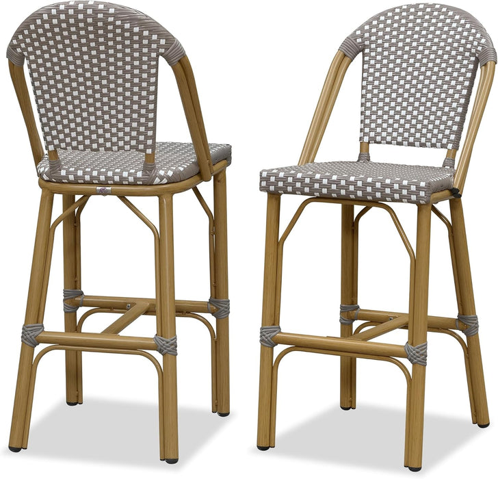 French Bar Stools Set of 2 Bamboo Print Finish Outdoor Bar Stools with Back Rattan 27'' Patio Bar Stool for Pool Garden Kitchen Outdoor Barstool, Grey