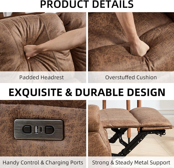 Power Reclining Loveseat, Faux Leather Double Recliner Sofa with Side Pocket, Center Console, Hidden Storage & Cup Holders, Vintage Rivet Mid-Century Modern Design for Living Room, Nut Brown