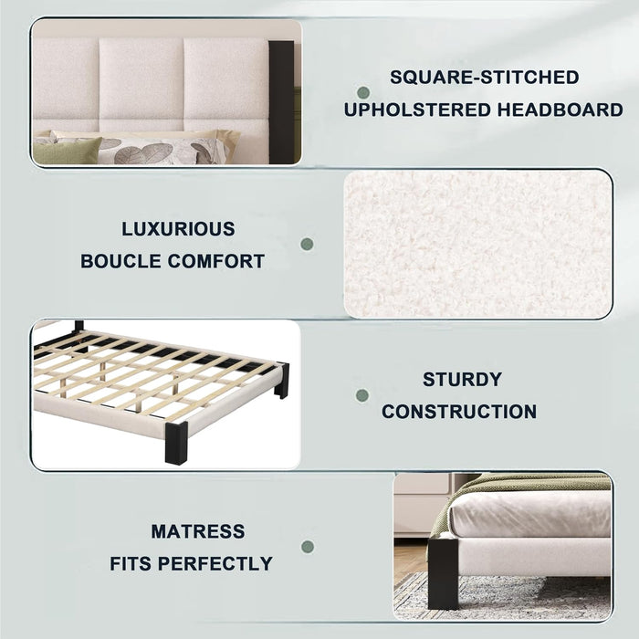 King Size Boucle Bed Frame with Square-Stitched Upholstered Headboard, Solid Wood Platform with Wood Slats, No Box Spring Needed, Beige and Black, Easy Assembly