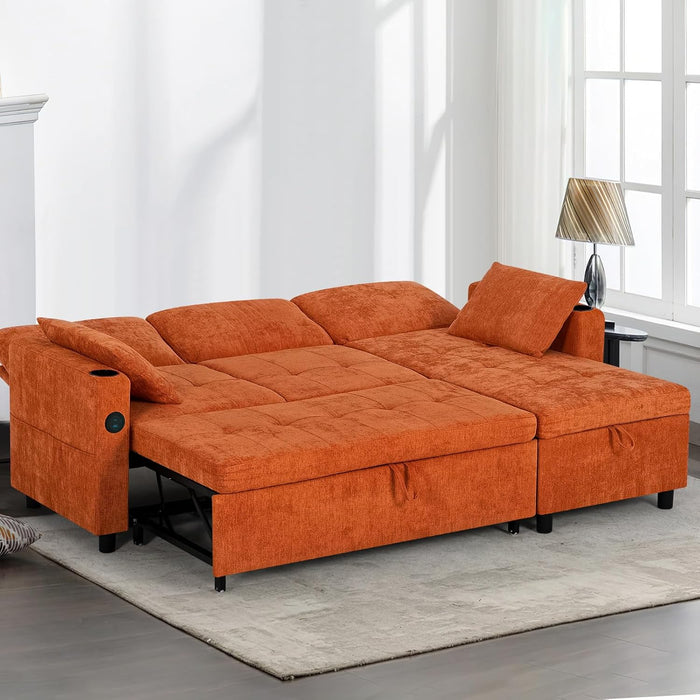 84Inches BrightOrange Chenille Pullout Sofa Bed USBPort