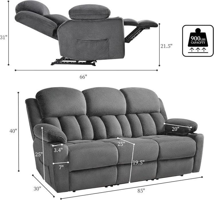 85" Manual Reclining Sofa, 3 Seater Recliner Couch with Dual Wingback Recliners & Cup Holders, Comfy Oversized Living Room Sofa, Grey
