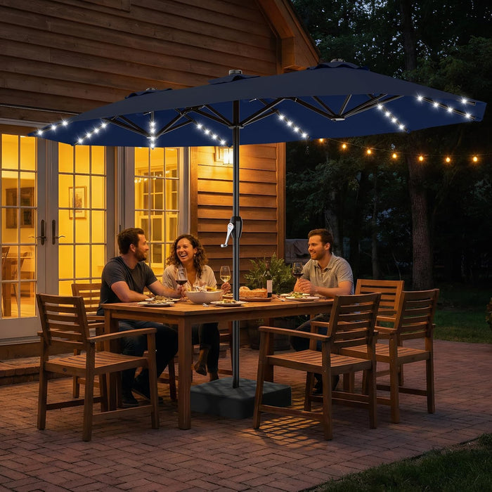 15FT Patio Umbrella with Solar Lights, Double Sided Outdoor Table Umbrellas with Crank, Large Rectangular Market Umbrella for Porch, Lawn, Pool, Backyard, Navy