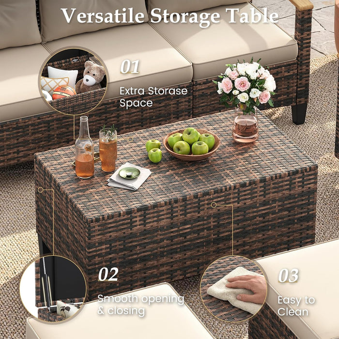 Patio Furniture Set, 4 Pieces Outdoor Patio Conversation Sets with Swivel Chairs, Wicker Patio Furniture Set with Storage Table, Outdoor Couch Set for Balcony, Porch, Deck, Backyard, Beige