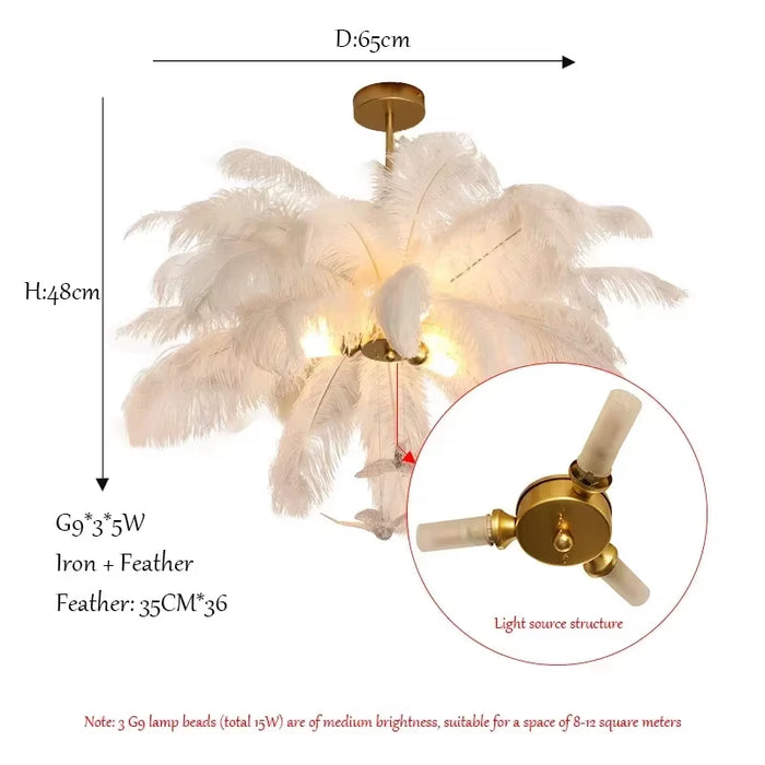 Luxury LED Ostrich Bird Feather Chandelier Lamp White Living Room Ceiling Light Home Decoration Hanging Lighting Fixture