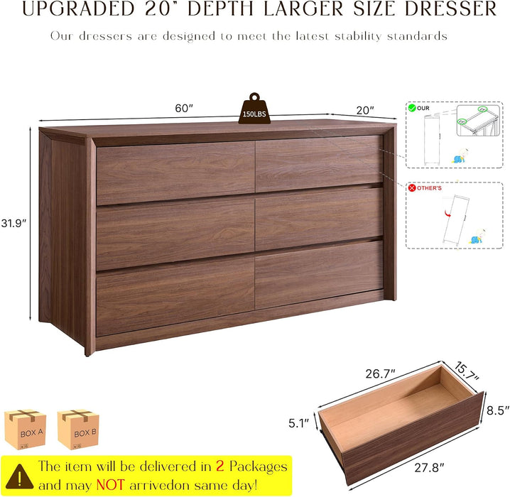 60 Inch 6 Drawer Dresser for Bedroom, 20" Depth for More Storage