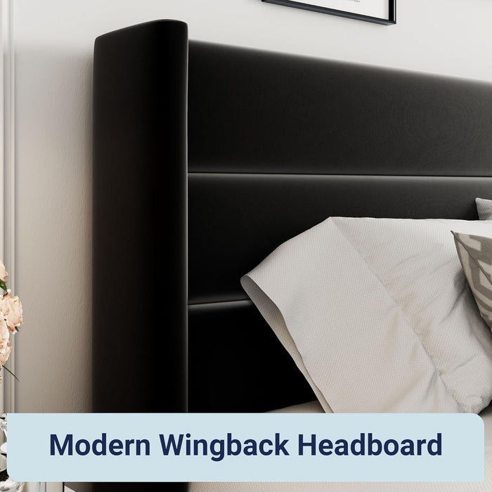 King Size Velvet Lift up Storage Bed, Modern Wingback Headboard, Hydraulic Support, No Box Spring Needed, Black