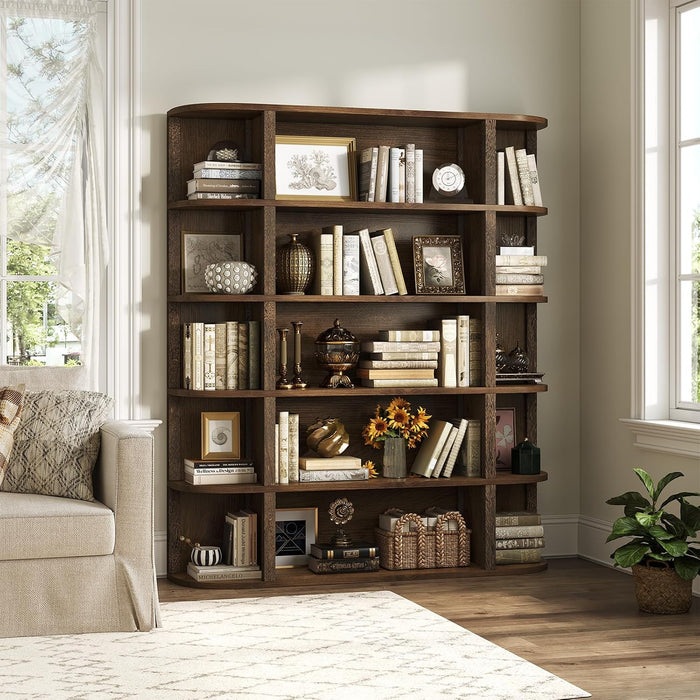 5-Tier Wood Book Shelf, 47" Wide Large Bookshelf and Bookcase, 62" Tall Bookshelf with Curved Side Shelves, Freestanding Wood Display Book Shelves for Living Room, Home Office, Walnut