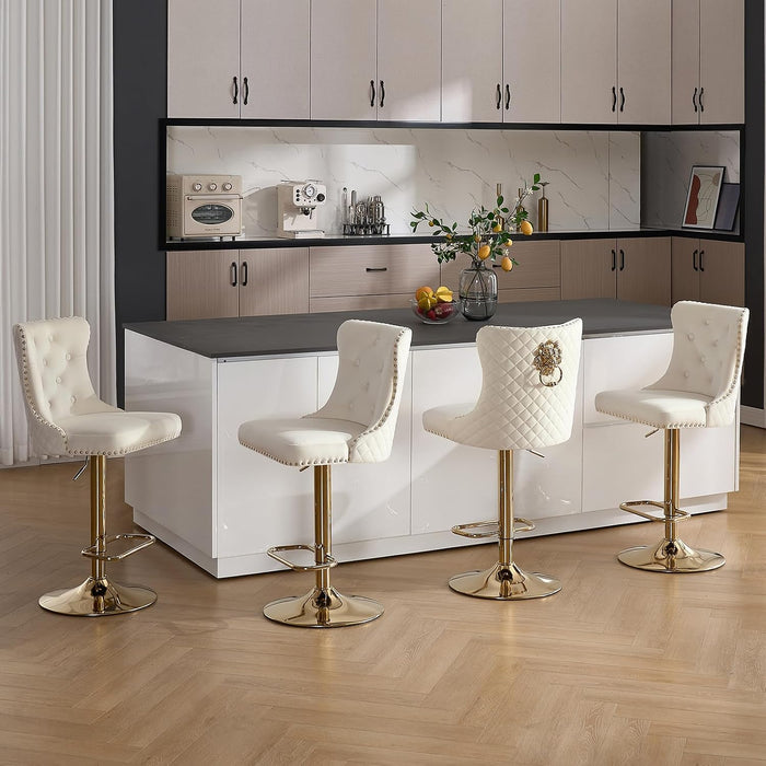 Swivel Gold Bar Stools Set of 2, Velvet Adjustable Barstools with Tufted Back, Nailheads Trim and Pull Ring, Counter Height Upholstered Bar Chairs for Kitchen Island Restaurant Home (Cream-Gold)