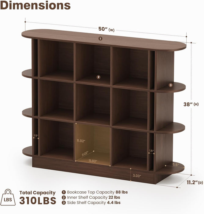 Walnut 3-Tier Oval Bookshelf - Curved Horizontal Bookcase, 9-Cubes