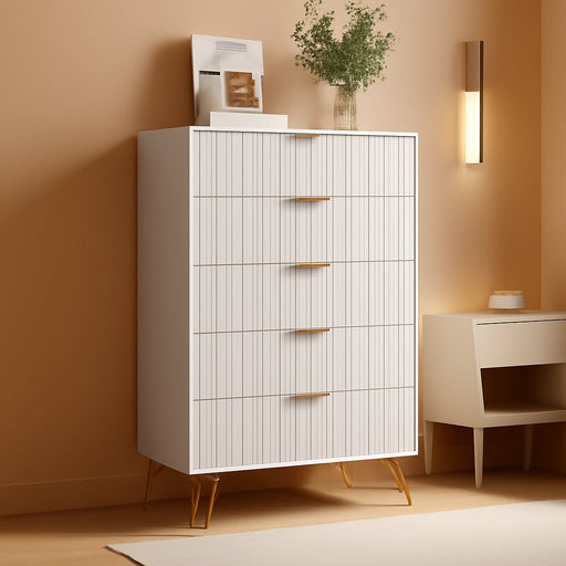 White Contemporary Fluted Dresser Featuring Gold Pulls