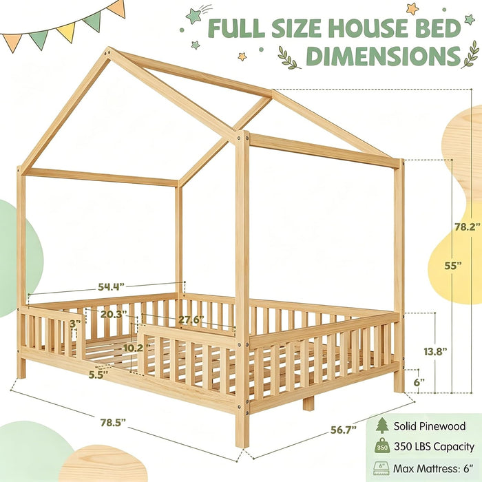 Full Montessori Floor Bed With Canopy NaturalWalnut