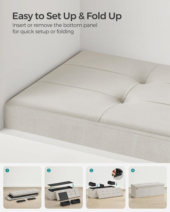 Mazie Collection - Storage Ottoman Bench, Foldable Foot Rest, 15 X 43 X 15 Inches, End of Bed Bench, Storage Chest, Load 660 Lb, Living Room, Bedroom, Entryway, Cream White ULSF277W01