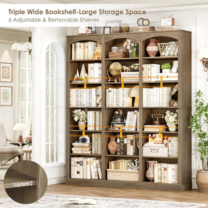 71" Triple Wide Bookshelf, 6 Tier Tall Bookshelf, Large Arched Bookcase with Curved Baffle, 63.4" Wide Book Shelf with 18 Open Display Shelves for Living Room, Study, Phoebe Zhennan