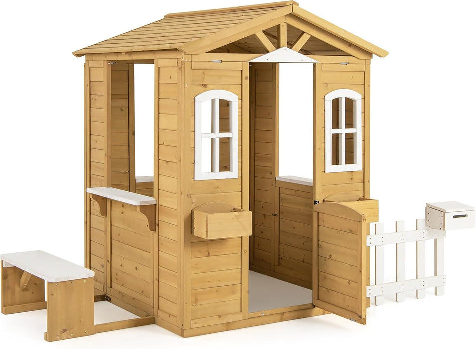 Outdoor Playhouse, Fir Wood Patio Pretend Play Center W/Bench, Mailbox, Fence, Serving Stations, Flowerpot Holders, Windows & Door, Children Play House for 2+ Years Old Kids