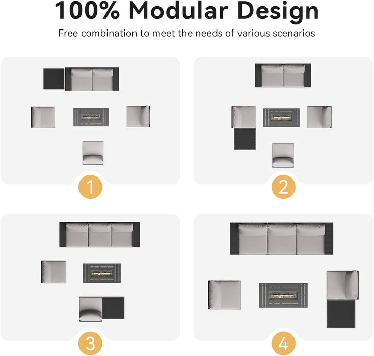 Outdoor Patio Furniture Set with 44'' Fire Pit Table, 7 Pcs Outdoor Sectional with 4In Thicken Cushion, Widen Armrests Wicker for Backyard, Grey