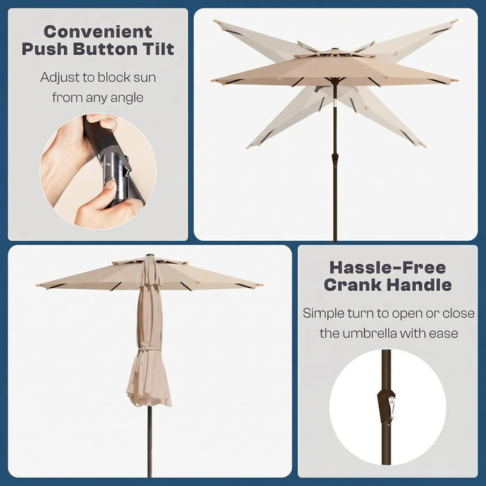 10FT Outdoor Patio Umbrella, 2 Tiers Market Table Umbrella with 8 Sturdy Ribs, Push Button Tilt and Crank, UPF50+ UV Protection for Deck, Pool, Garden and Backyard