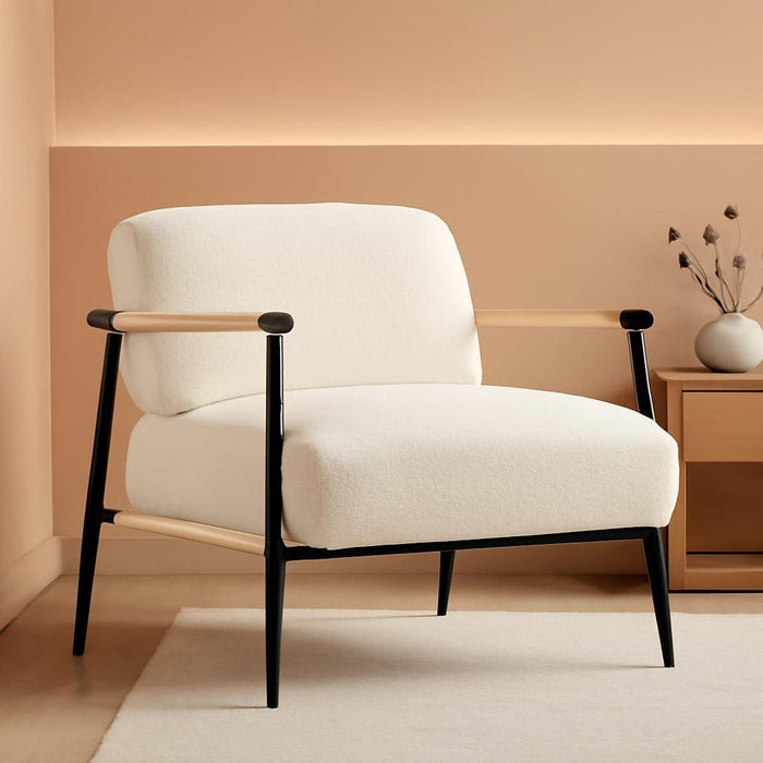 Comfy Chair, Modern Accent Chair with Metal Frame, Cozy Reading Chair with Soft Cushion & Wood Armrest for Bedroom, Living Room, White