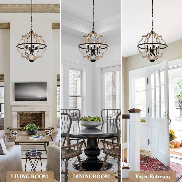 6-Light Farmhouse Chandelier for Dining Room Wood Pendant Lighting