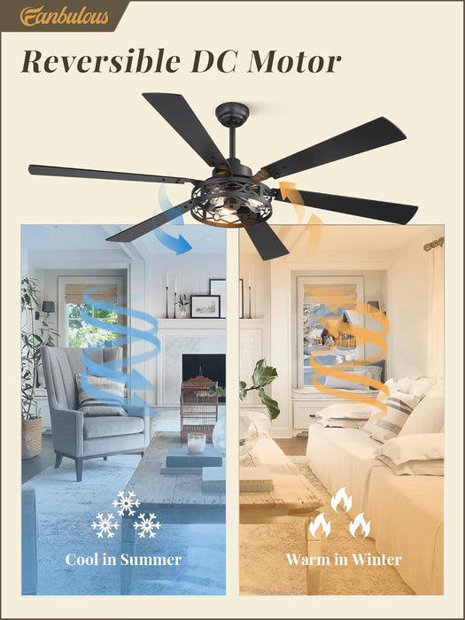 65 Inch Ceiling Fan with Lights, Farmhouse Caged Ceiling Fans with Remote, Black Industrial Ceiling Fans with Quiet Reversible DC Motor, Large Ceiling Fan for Living Room, Bedroom