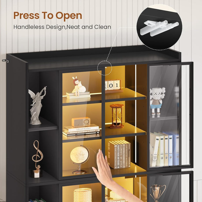 71" Display Cabinet with Acrylic Glass Doors, 6 Tier Display Cases for Collectibles, Curio Cabinet with LED Lights, Tall Bookcase with Adjustable Shelves, Black
