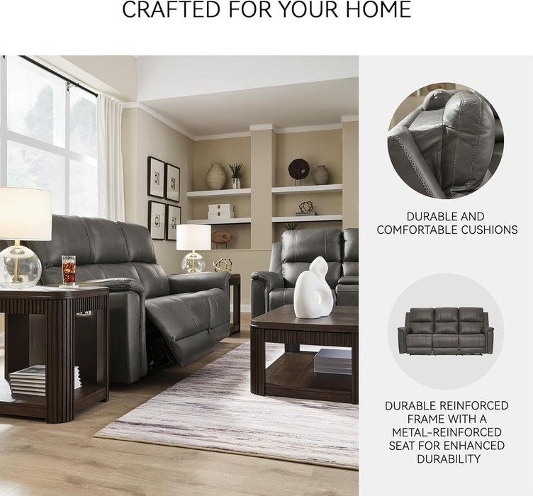 Signature Design by Ashley Burnley Contemporary Leather Match Power Reclining Sofa with Adjustable Headrest and USB Charging Port, Gray