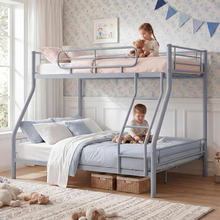 Twin over Full Bunk Bed Frame, Heavy Duty Metal Bunk Beds for Kids/Teens/Adults, 450 Lbs Upper & 500 Lbs Lower Capacity, Slot-Type Assembly, Reversible Ladder, 11.7" Safety Guardrails，Grey