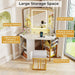 Corner Vanity Desk with Lighted Tri-Fold Mirror, Makeup Table with Charging Station, Fluted Door Cabinet, Storage Shelves, Space Saving Dressing Table with Stool for Bedroom, White & Gold
