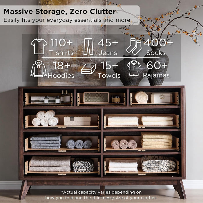 54" Wide Fluted 9 Drawer Dresser for Bedroom, Dark Walnut