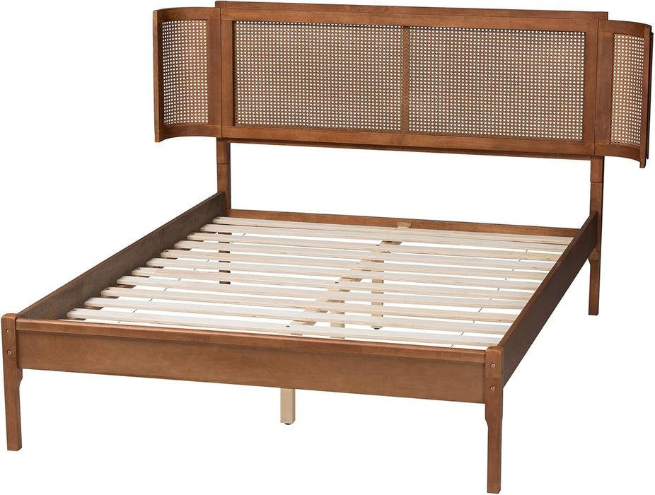 Eridian Walnut Brown Finished Wood and Natural Rattan Full Size Platform Bed