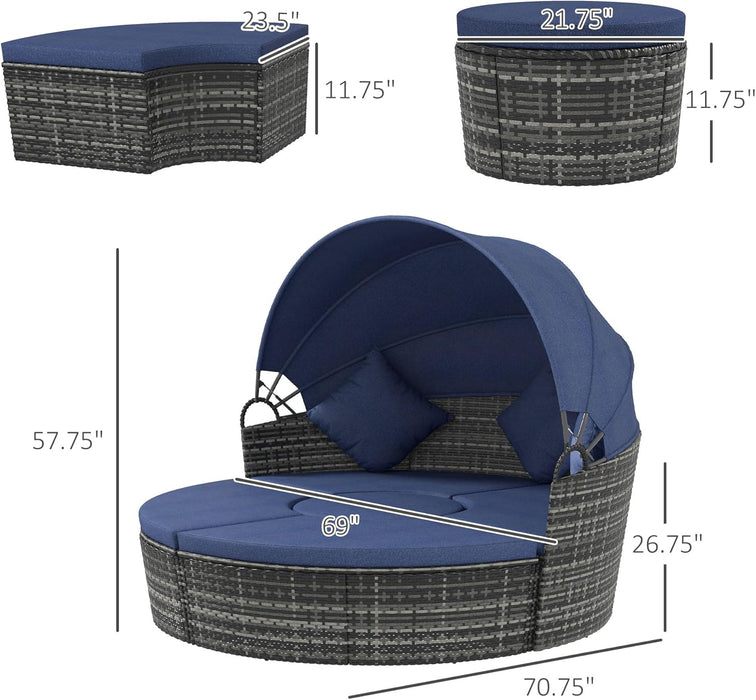 4-Piece round Convertible Daybed with Cushions, Outdoor PE Rattan Patio Wicker Sofa Set, Sunbed with Adjustable Sun Canopy, Sectional Sofa, 2 Chairs, Table, 3 Pillows, Dark Blue