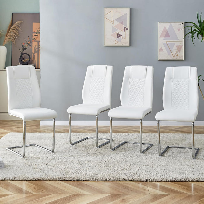 Dining Chairs Set of 4, White Faux Leather with Plated Chrome Metal Frame, Modern Kitchen Chairs with Padded Seat High Back for Dining, Kitchen, Living Room
