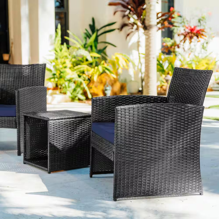 3-Piece Gray Patio Outdoor Furniture Wicker Conversation Set with Navy Cushions