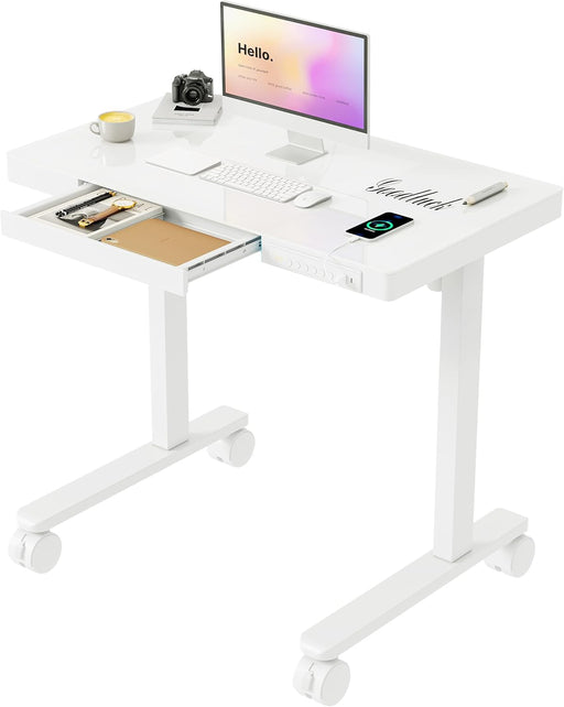 35" Glass Standing Desk with Drawer and USB Ports, Electric Height Adjustable Desk for Home Office, White Sit Stand Table with Storage, Easy Assembly Computer Desk for Small Spaces