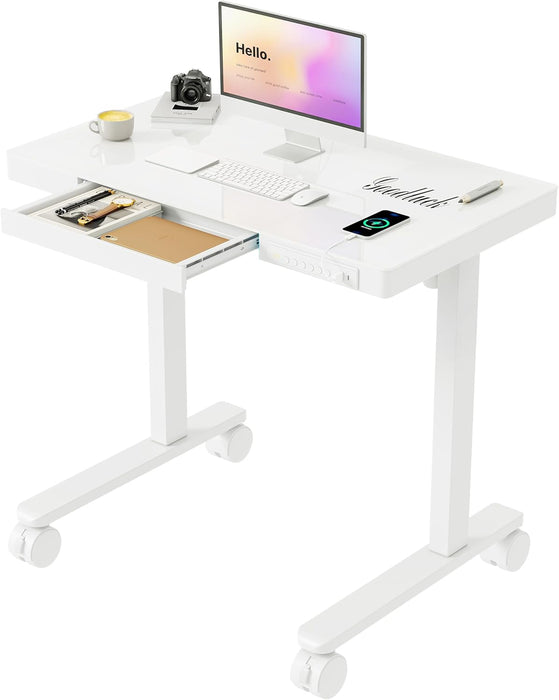 35" Glass Standing Desk with Drawer and USB Ports, Electric Height Adjustable Desk for Home Office, White Sit Stand Table with Storage, Easy Assembly Computer Desk for Small Spaces
