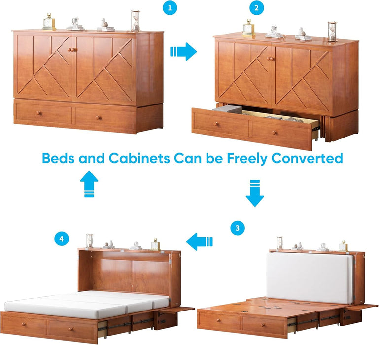 Cherry Solid Wood Murphy Bed CabinetWithUSBPort Queen