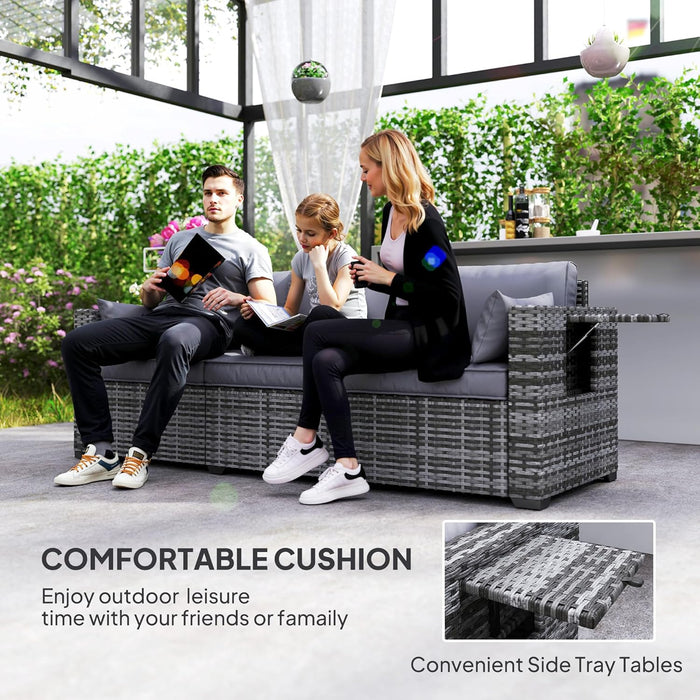 3 Seater Wicker Sofa with Side Tray Tables, Rattan Outdoor Patio Sofa with 6" Thick Back Cushions, Outdoor Wicker Couch with Deep Seating, Pillows for Porch, Garden, Backyard, Mixed Gray