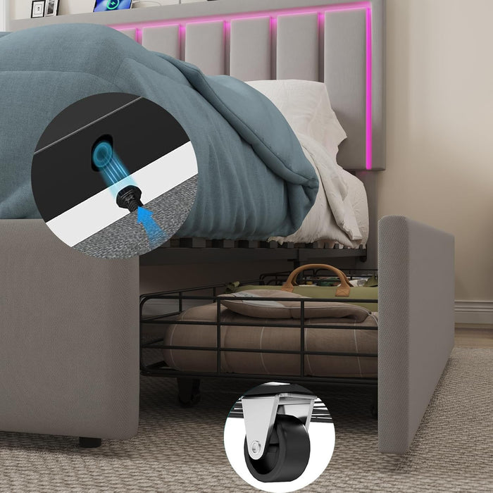 Queen Size Upholstered Platform Bed Frame, Wooden Slats Support with 4 Storage Drawers, Built in Charging Station & LED, Noise-Free, No Box Spring Needed, Grey