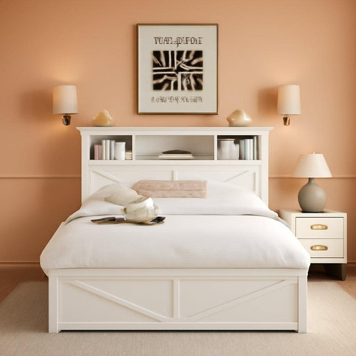 Queen Bed Frame Farmhouse with 52" Storage Bookcase Headboard, 4 Drawers Wooden Bed Frame, LED Light, Charging Station - White