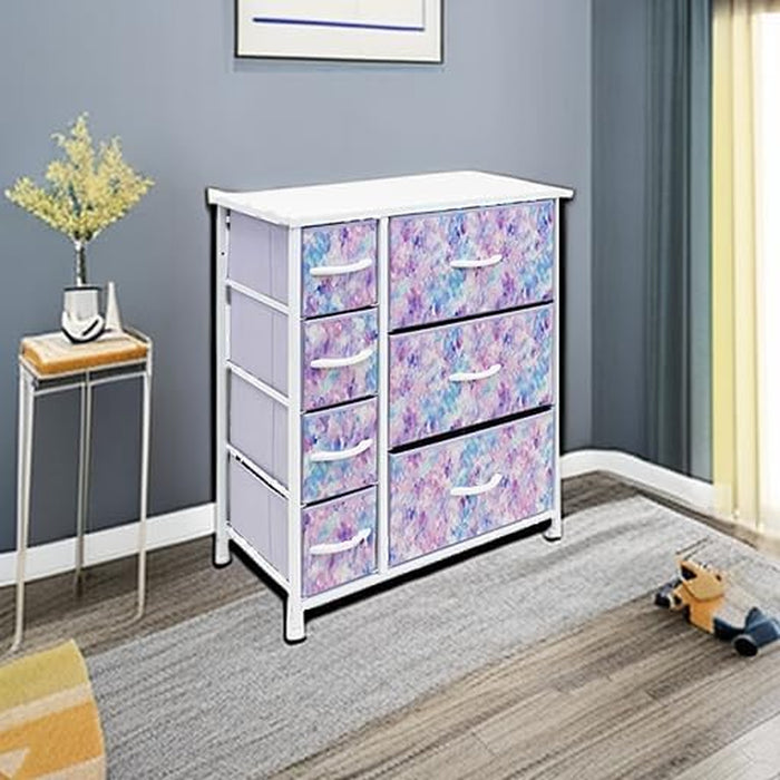Kids Dresser with 7 Drawers - Storage Chest Organizer Unit with Steel Frame, Wood Top & Handles, Tie-Dye Fabric Bins for Clothes - Wide Furniture for Bedroom Hallway Kids Room Nursery & Closet