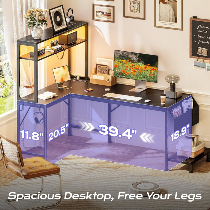 51.2" L Shaped Gaming Desk with Power Outlets & USB-C Port, LED Lights, Computer Desk with Pegboard, Corner Desk with Storage Shelves & Bag, Office Desk with CPU Stand for Home Office, Black
