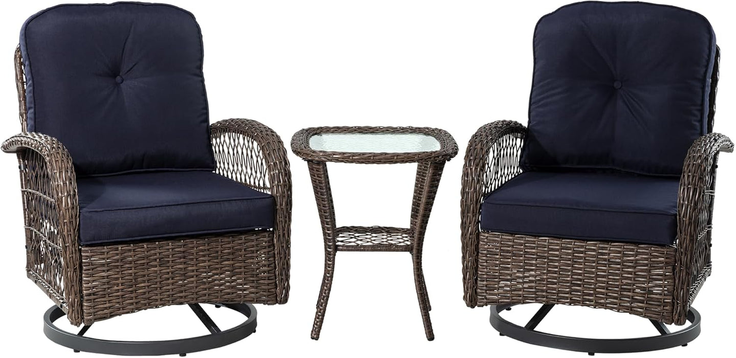 3 Pieces Patio Furniture Set, Outdoor Swivel Glider Rocker, Wicker Patio Bistro Set with Rocking Chair, Cushions and Table (Blue)