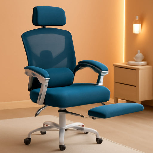 Home Office Desk Chair with Footrest, High-Back Mesh Rolling Swivel Reclining Chairs with Wheels, Comfortable Headrest, Lumbar Support, Comfy Arms for Home, Office, Gaming, Student, Blue