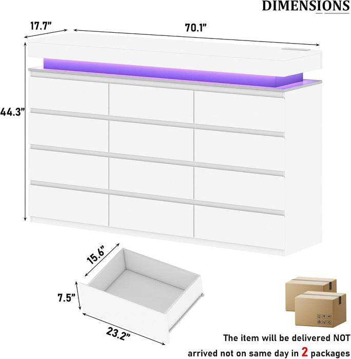 12 Drawer Dresser for Bedroom, 70" Wide 44" Tall Dresser with LED Light & Charging Station, Modern Chest of Drawers for Closet, Living Room, Entryway, Hallway (White, 12 Drawers)