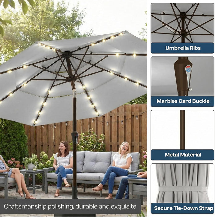 10FT Patio Umbrella 3 Tiers Outdoor Market Umbrella with 32 Solar Powered LED Lights, Windproof Outdoor Market Umbrella for Deck, Poolside & Garden, Sturdy Push-Button Tilt Table Umbrella, Light Gray